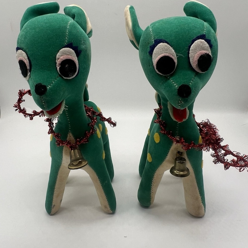 Christmas Pair‎ Pixie Elf Reindeer Pet Green Felt Original Made In Japan Vintage